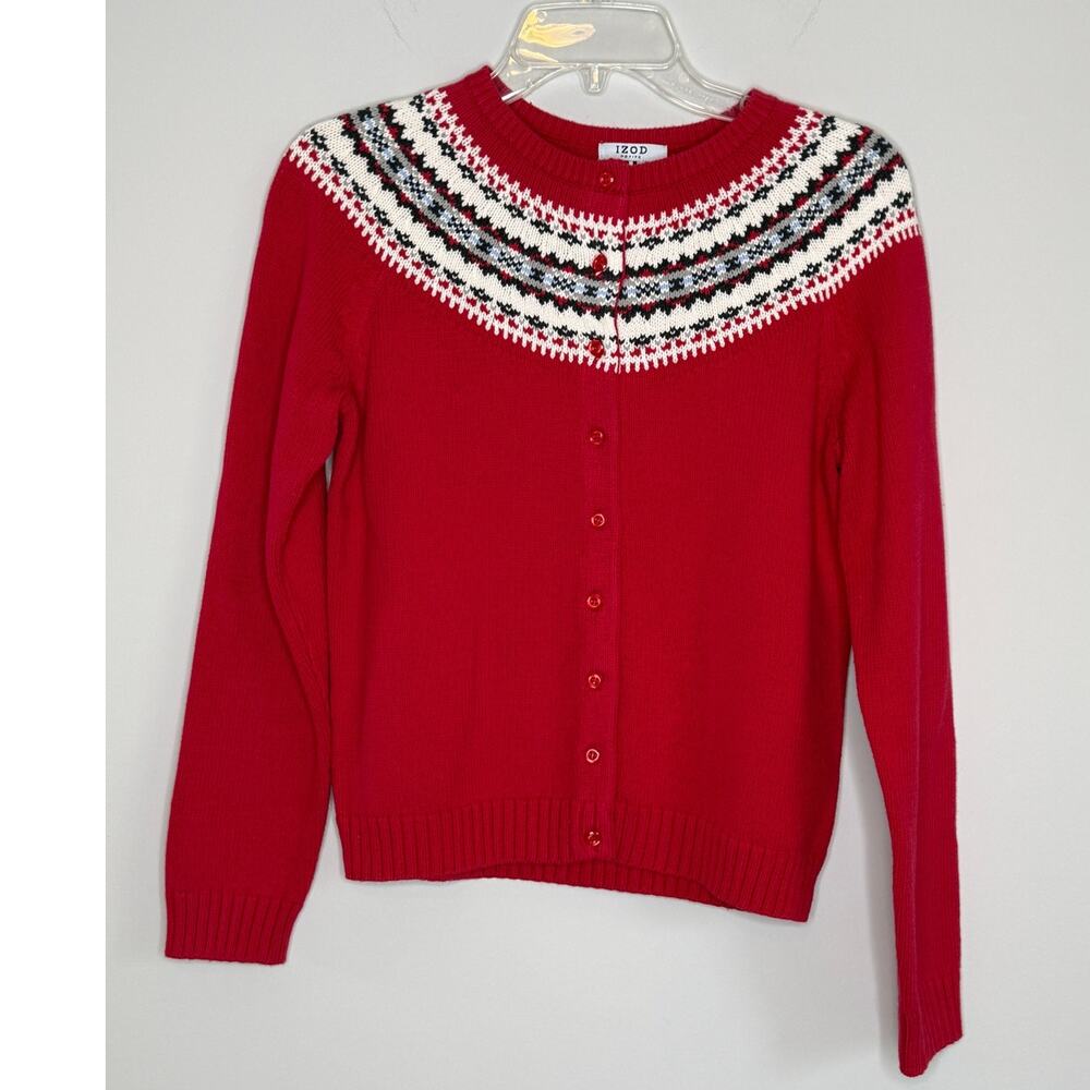 Izod Women's Cardigan SZ PM Red Faire Isle Button Up Wool Blend Cozy Grandma